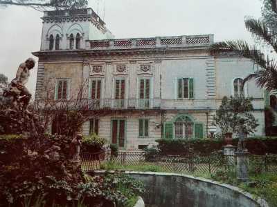 Foto 5. Il prospetto di colore chiaro � sobrio e compatto, costellato da numerose persiane verdi. E� impreziosito da alcuni motivi classicheggianti in rilievo sul piano superiore alternati a lenese di ordine dorico e all�altezza del terrazzo da due bifore neogotiche (foto tratta dal libro �Ville e giardini a Bari fra l�800 e il 900� di Michela Tocci e Giuseppe Romanelli)